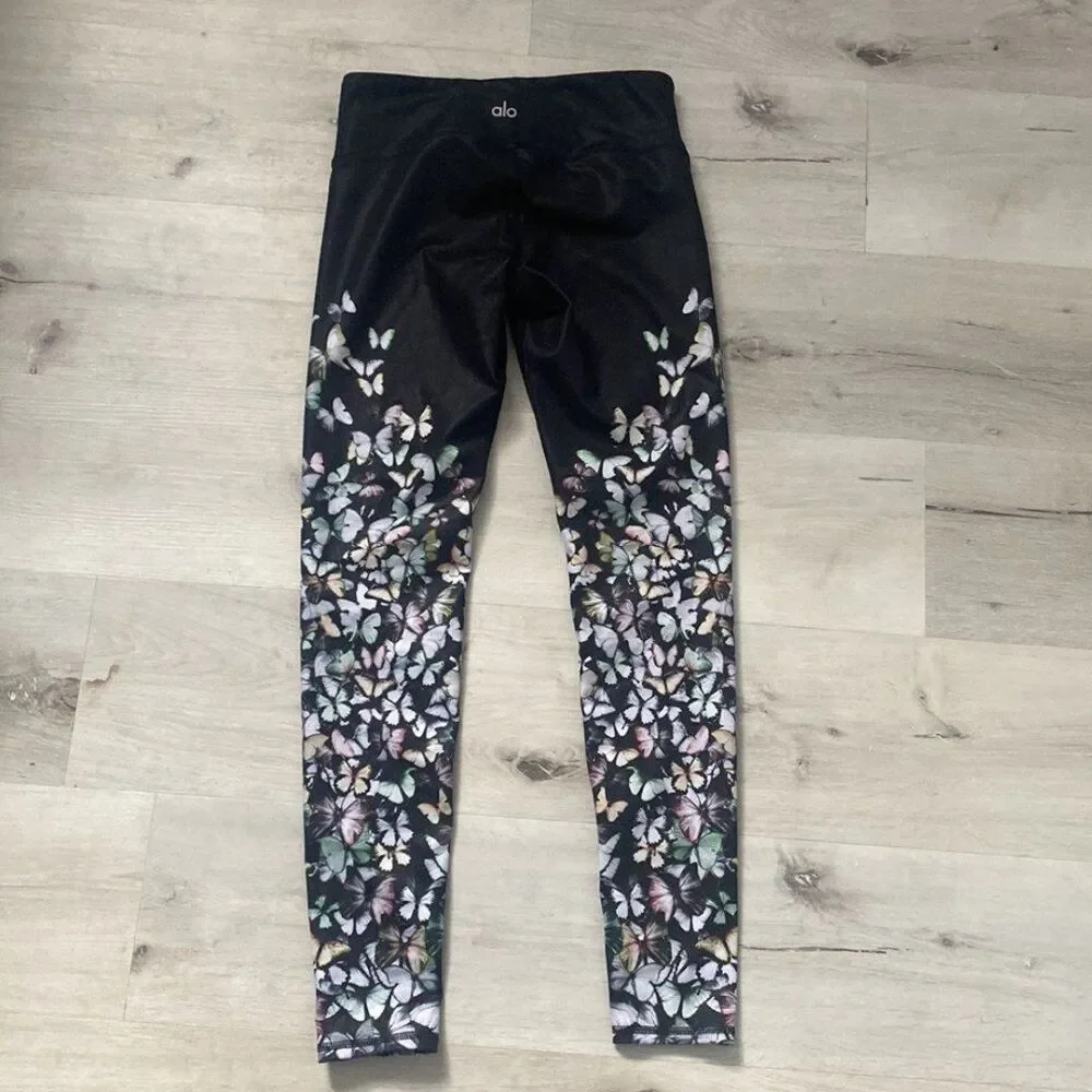 Alo Yoga Women's Black Multicolor Butterflies Ankle Compression Leggings Sz XS